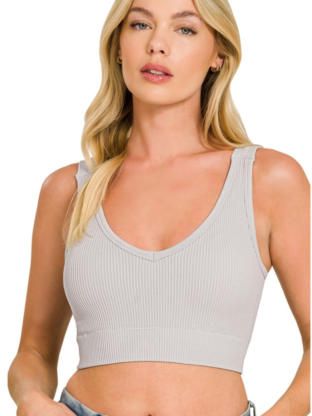 #1371 Seamless ribbed cropped bra padded v-neck tank top
